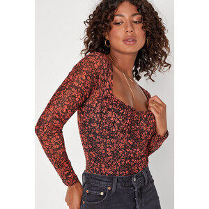 Lulus Major Aesthetic Black And Orange Floral Mesh Bodysuit - Size M